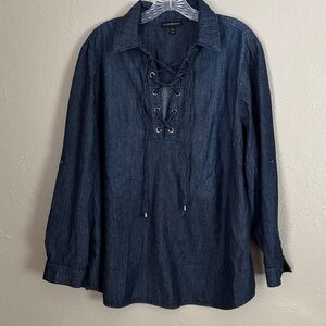 Lane Bryant Women’s Plus Size Chambray Lace Up Roll Tab Sleeve Top 2X 18-20